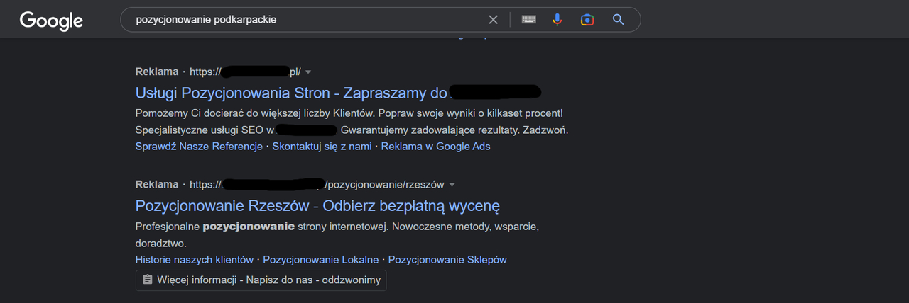 reklama w sieci wyszukiwania google, screenshot