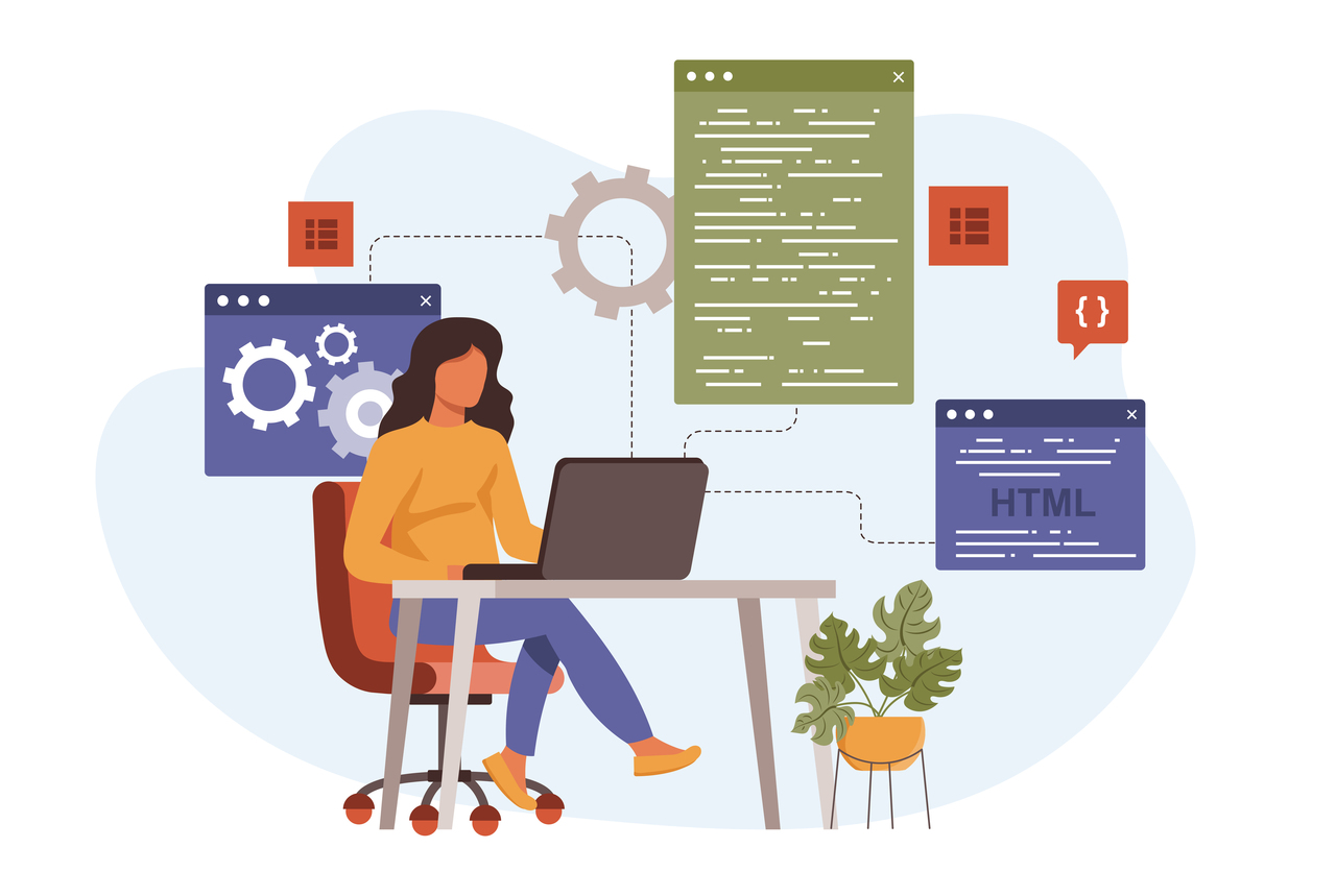 kobieta pracujaca przy komputerze, wizualizacja tworzenia kodu