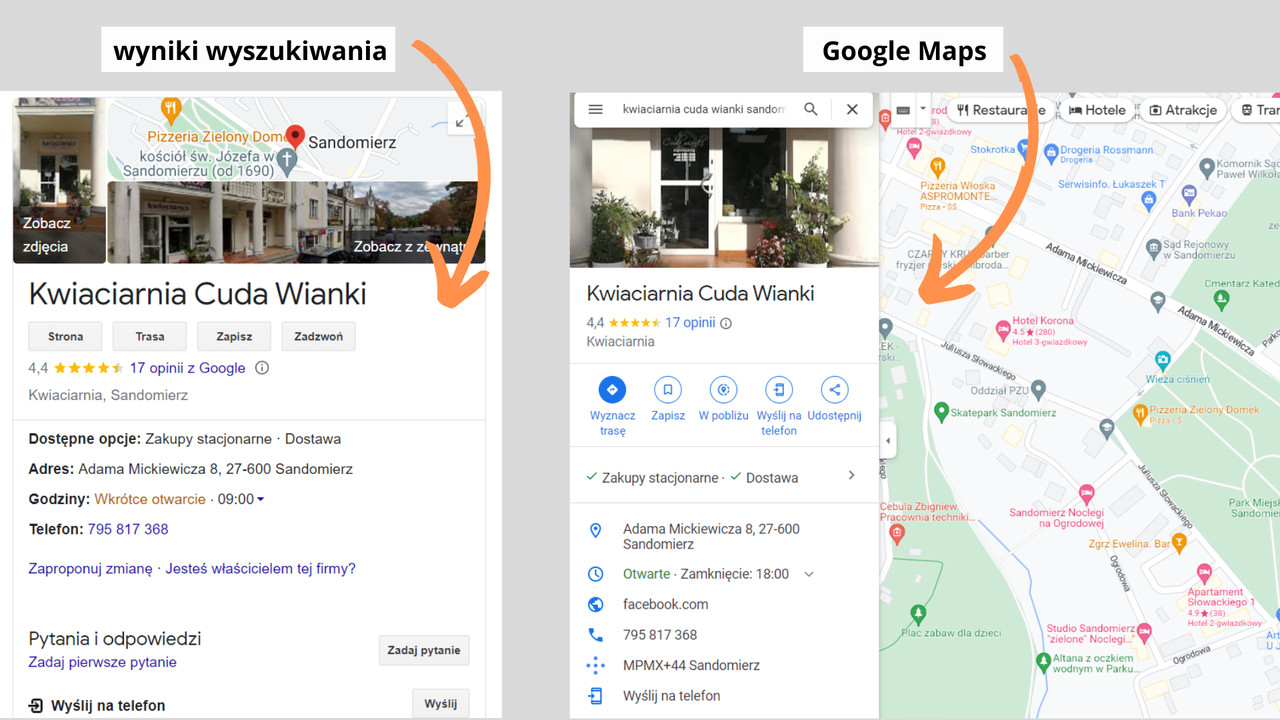 wizytowka google w wynikach wyszukiwania i w google maps, zrzut ekranu